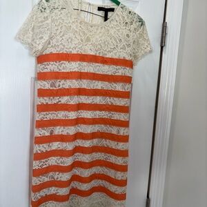 Elegant Lace Striped Dress - Cream and Orange
